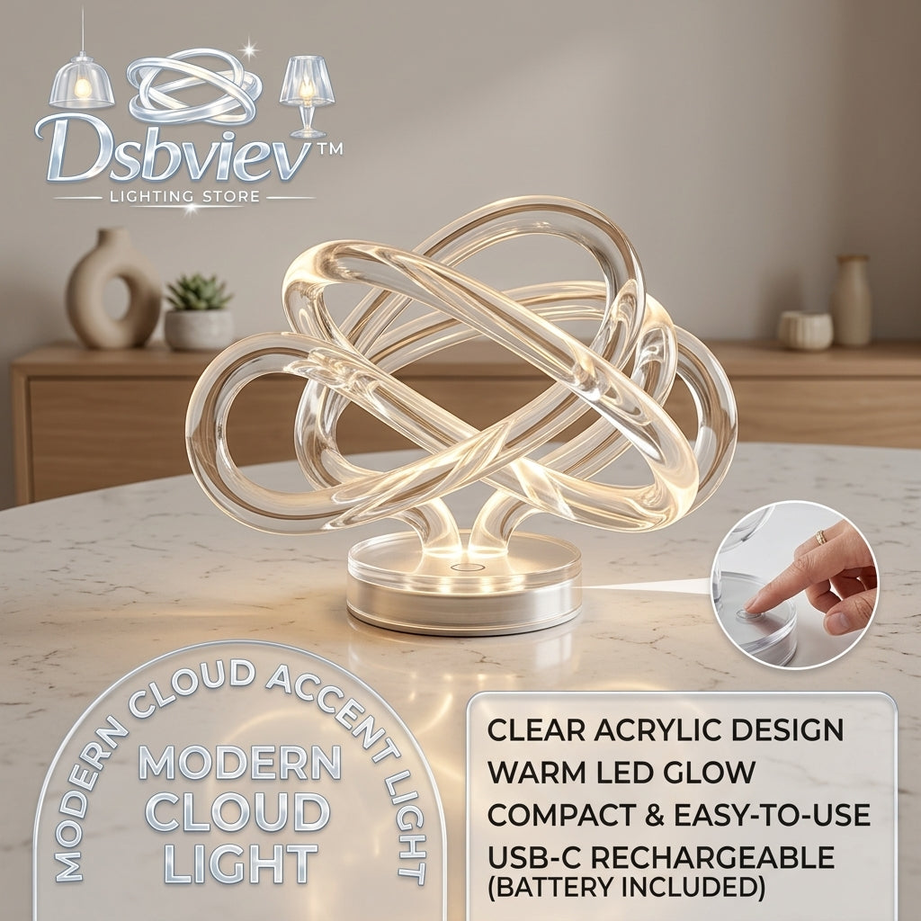 Dsbviev™ Modern Cloud Accent Light | Clear Acrylic Table Lamp with Warm LED Glow | Touch Control USB-C Rechargeable Bedside Nightlight | Abstract Knot Decorative Ambient Lamp for Bedroom, Living Room & Home Office