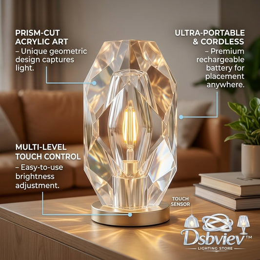 Dsbviev™ Cordless Crystal Table Lamp - Prism-Cut Acrylic LED Accent Lamp, Multi-Level Touch Dimmable Nightlight, Portable Rechargeable Bedside Lamp with Warm Filament Light for Bedroom, Living Room & Dining