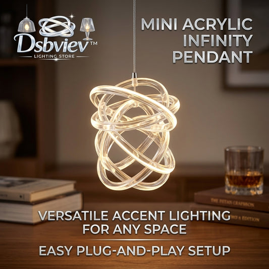 Dsbviev™ Mini Acrylic Infinity Pendant Light - Modern LED Hanging Accent Lamp, Creative Abstract Loop Chandelier with Easy Plug-and-Play Setup, Warm Cozy Ambient Lighting for Kitchen Island, Bedroom, Living Room, and Office